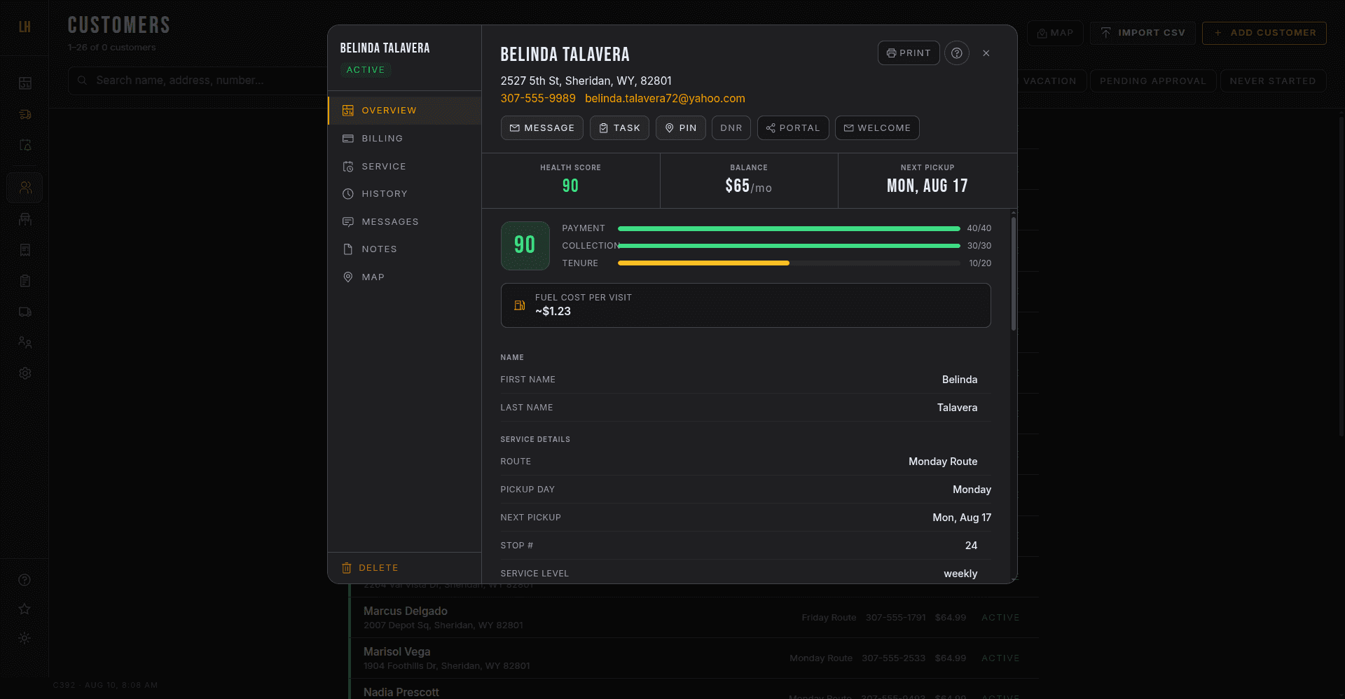 LoneHauler customer profile showing health score, balance, and service details